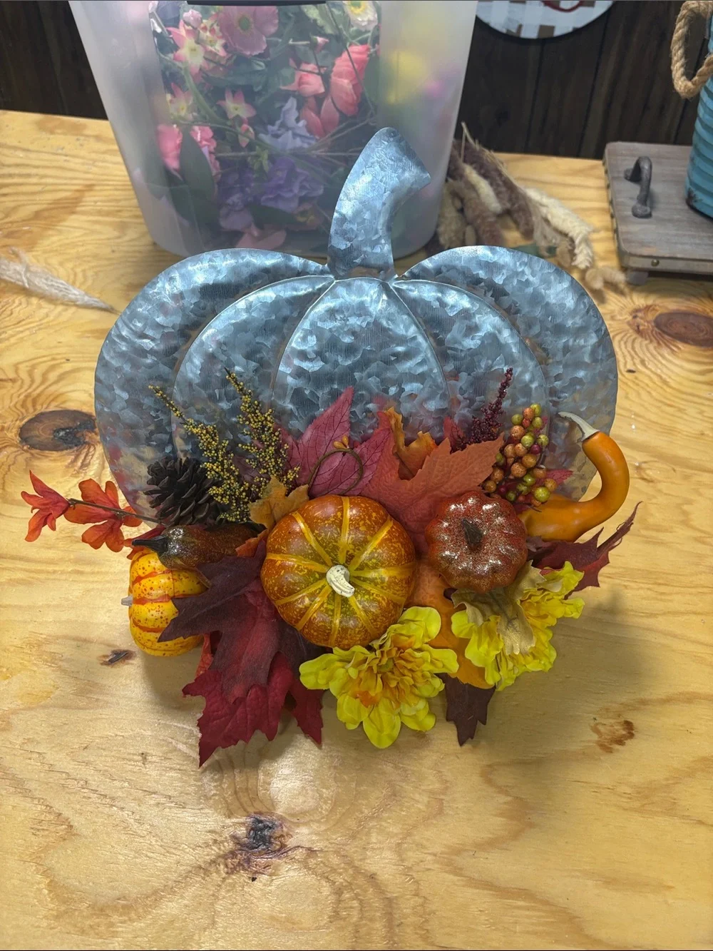 okie dokie Galvanized Pumpkin Wreath with Orange, Yellow, Red and Brown Accents